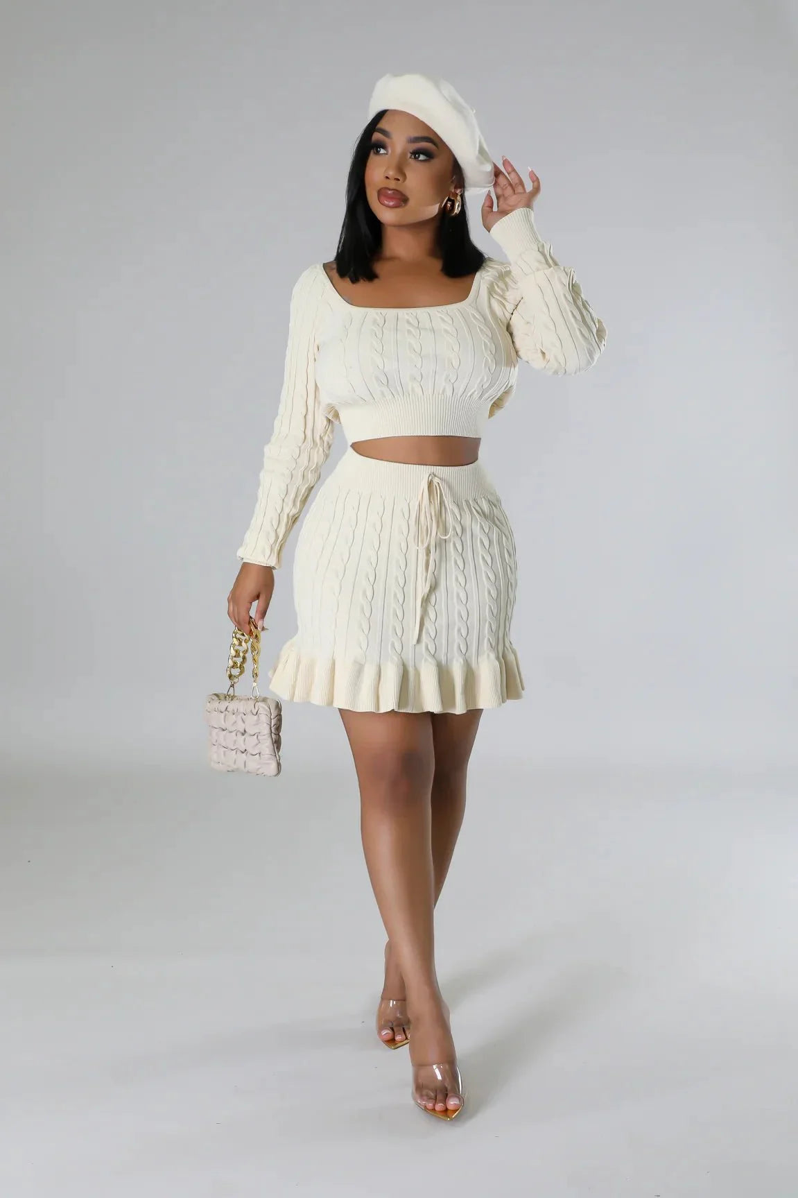 Attract Me Knitted Skirt Set with Ruched High Waist