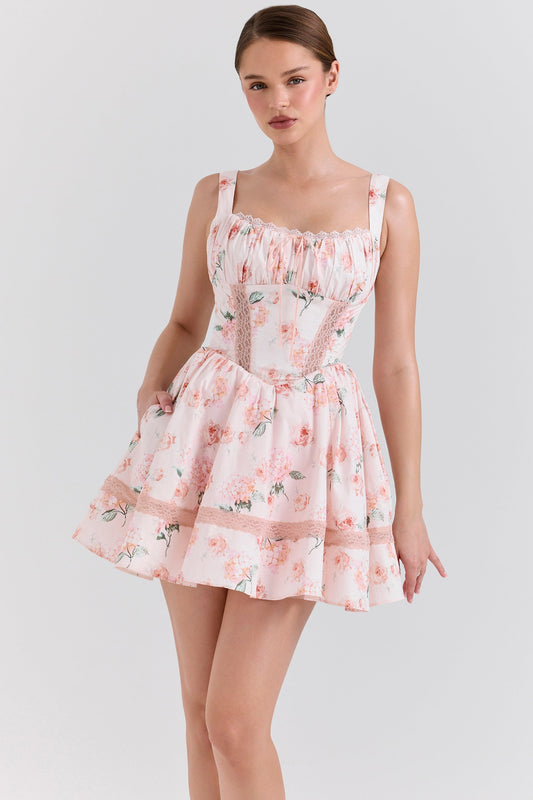 peach floral rose print cotton mini dress