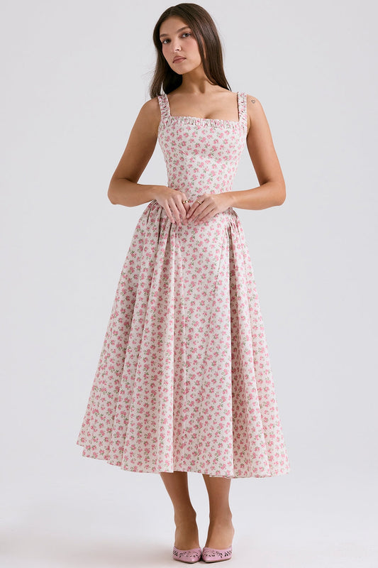 white rosebud print cotton midi sundress