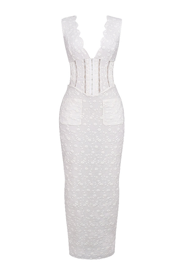 white cotton broderie anglais plunge maxi dress