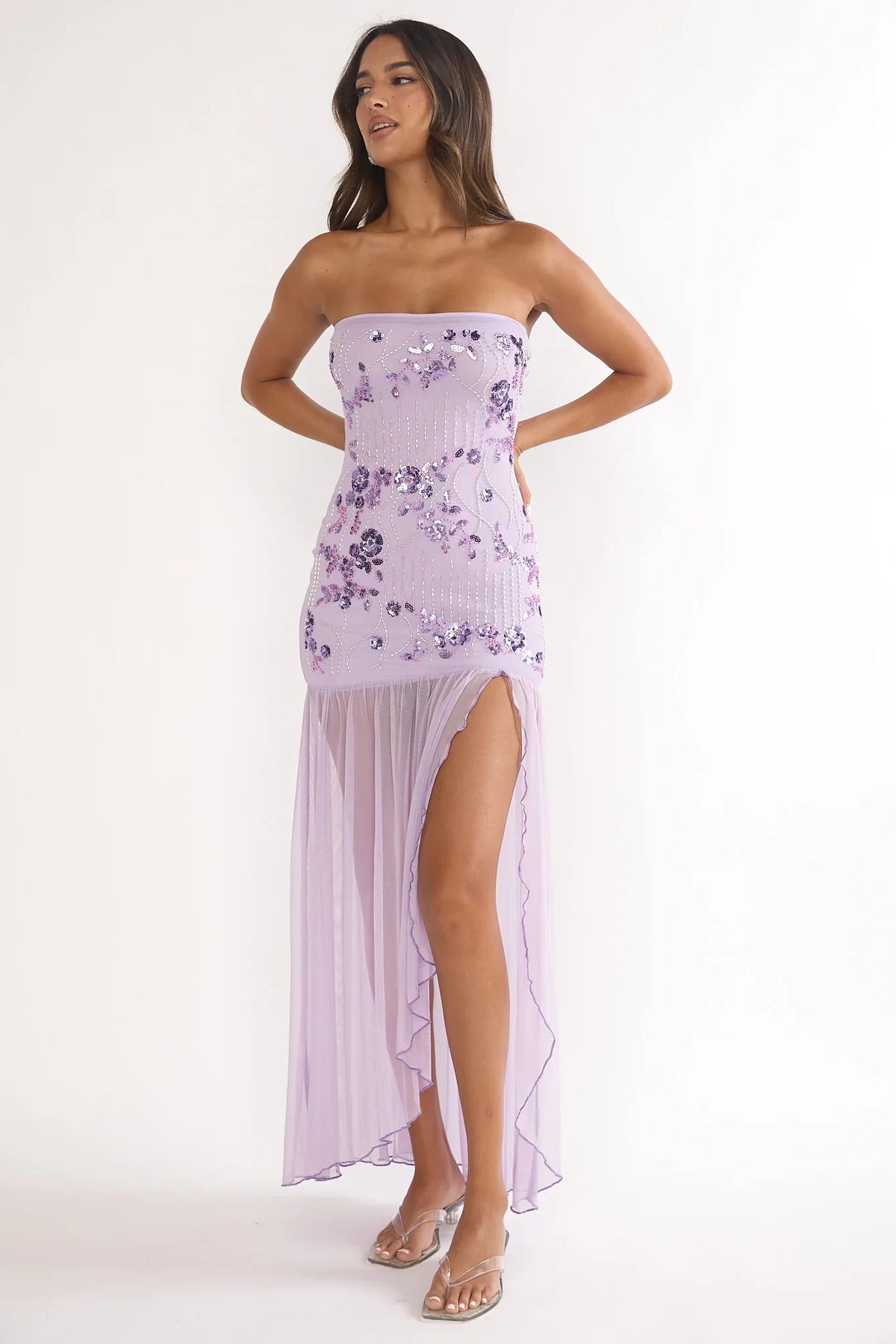 Jezra Strapless Sequin Embellished Maxi Dress Purple