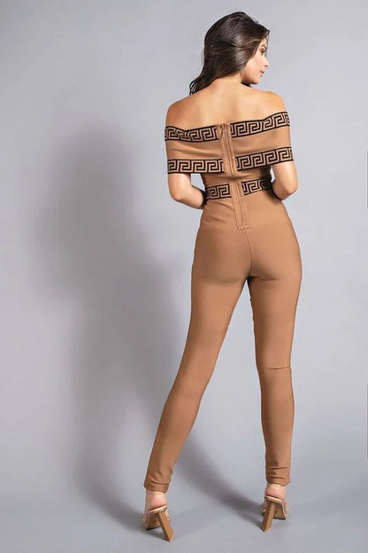 Bandage Off-the-Shoulder Mocha Jumpsuit with Greek Key Detail