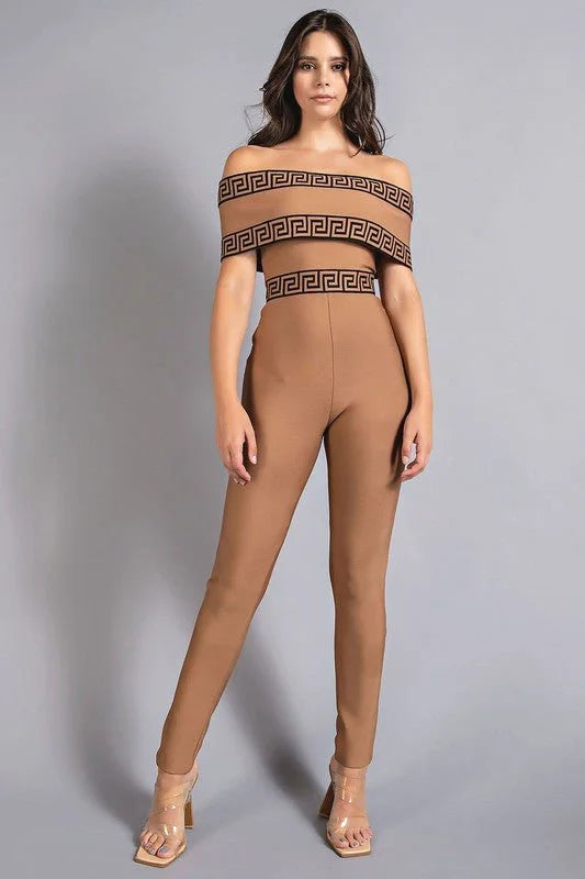 Bandage Off-the-Shoulder Mocha Jumpsuit with Greek Key Detail