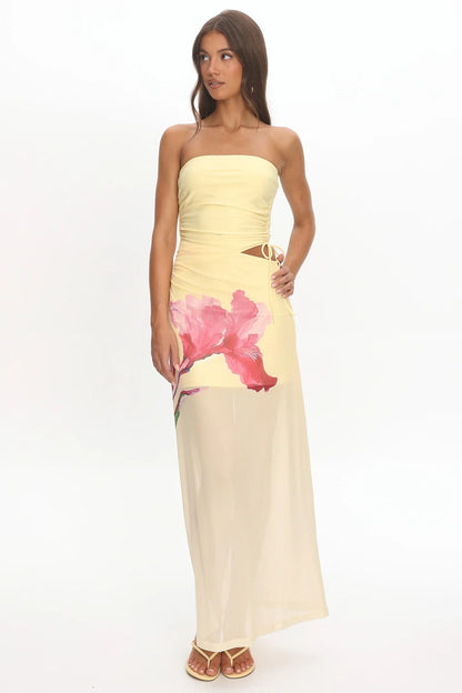 Orvieto Sheer Hem Strapless Maxi Dress Lemon