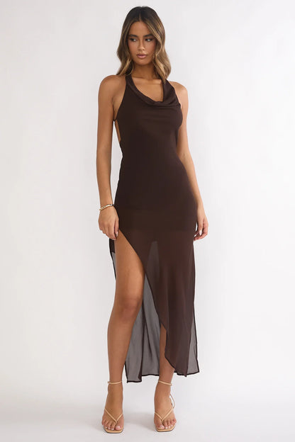 Make It Count Backless Cowl Maxi Dress Chocolate