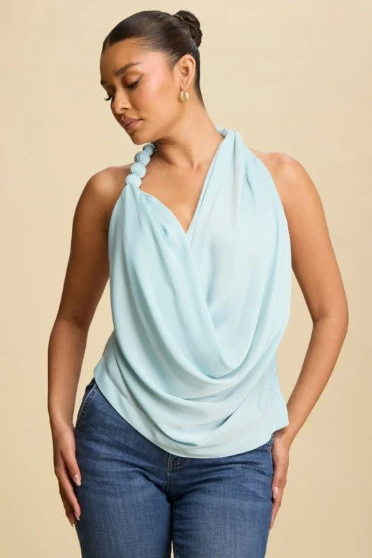 Beaded Cowl Neck Halter Top - Lt Blue