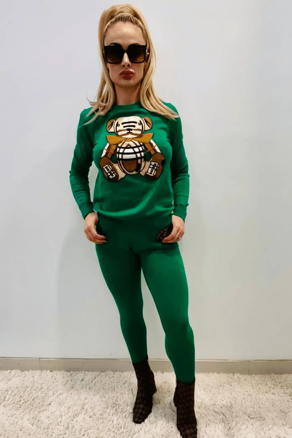 Bearlicious Green Pant Set – Teddy Knit Two-Piece Outfit