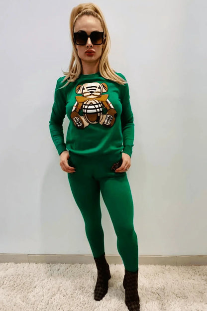 Bearlicious Green Pant Set – Teddy Knit Two-Piece Outfit