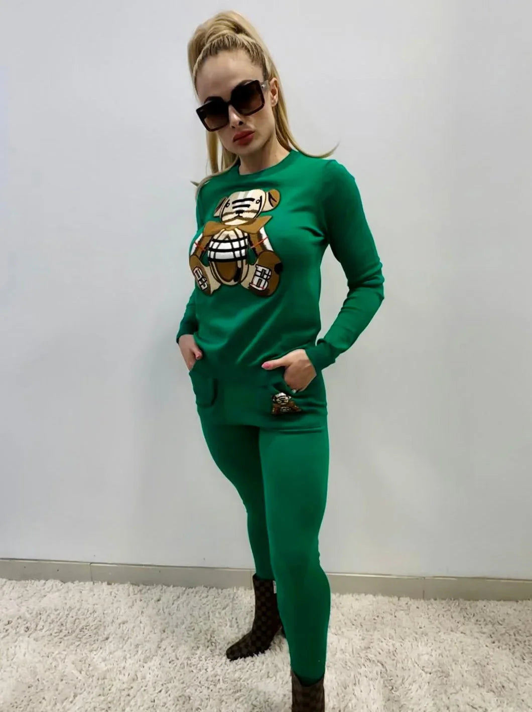Bearlicious Green Pant Set – Teddy Knit Two-Piece Outfit