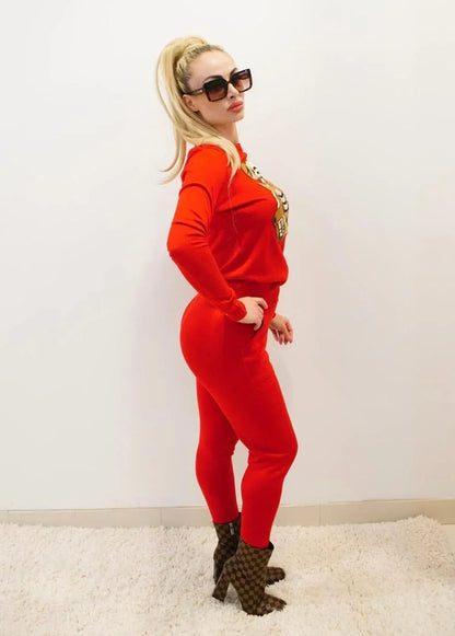 Bearlicious Red Pant Set – Teddy Knit Two-Piece Outfit