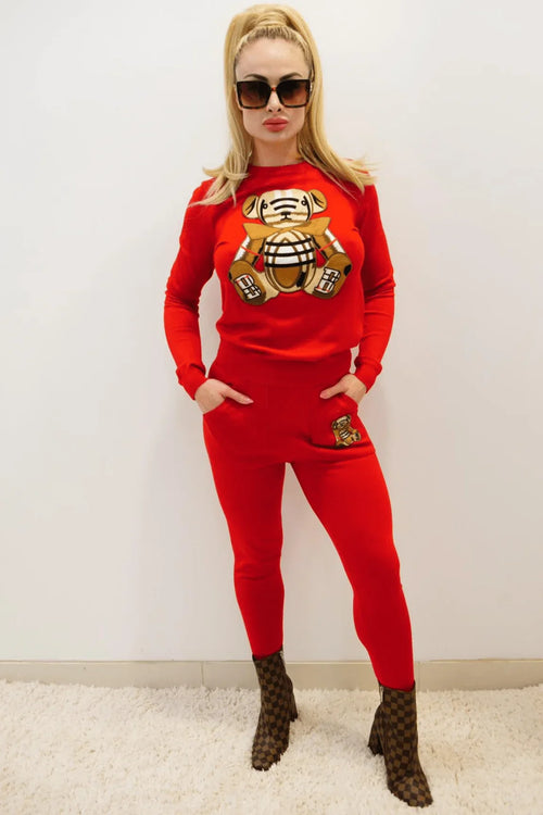 Bearlicious Red Pant Set – Teddy Knit Two-Piece Outfit