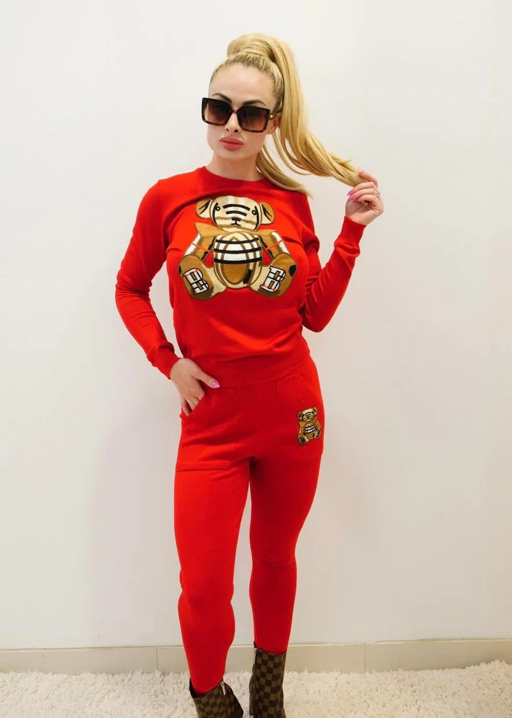 Bearlicious Red Pant Set – Teddy Knit Two-Piece Outfit