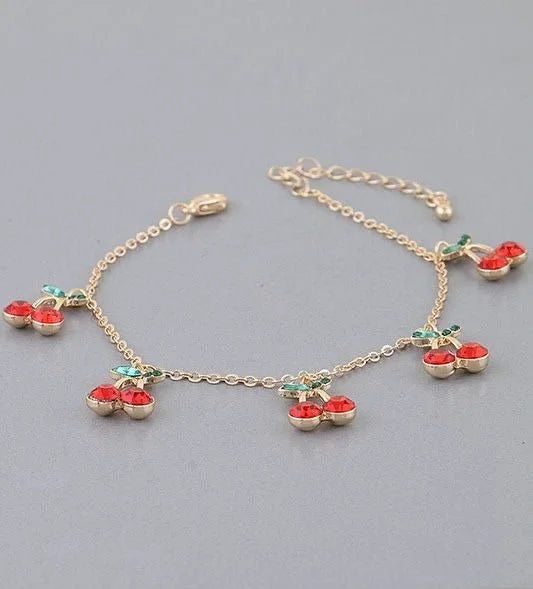 Bejeweled Cherry Charm Bracelet Gold Red