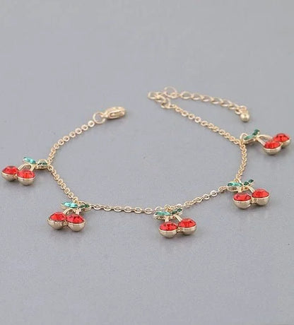 Bejeweled Cherry Charm Bracelet Gold Red