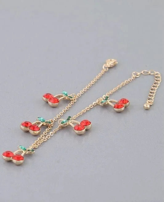 Bejeweled Cherry Charm Bracelet Gold Red