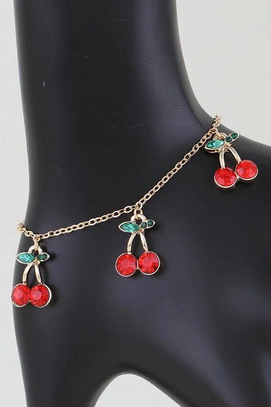 Bejeweled Cherry Charm Bracelet Gold Red