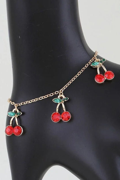 Bejeweled Cherry Charm Bracelet Gold Red