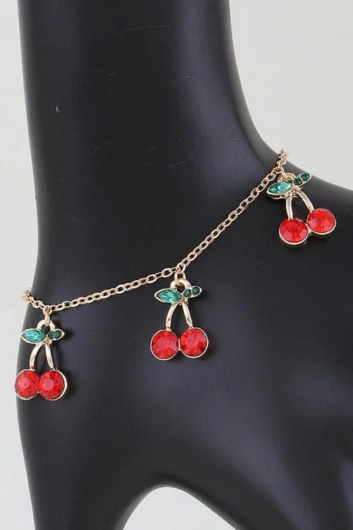 Bejeweled Cherry Charm Bracelet Gold Red
