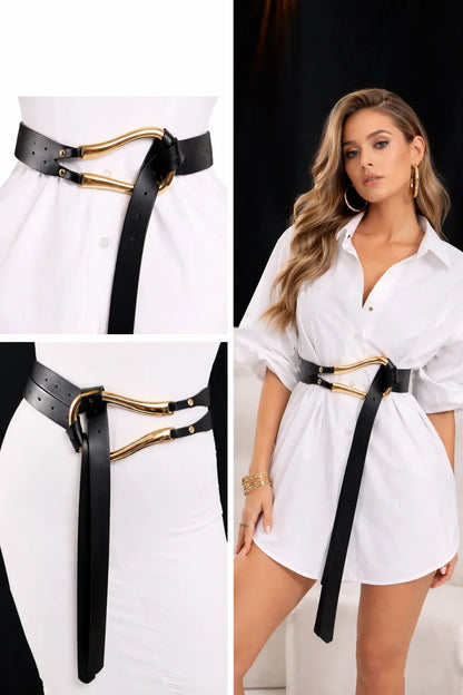Imperial Black Waist Belt with Curved Metallic Detail