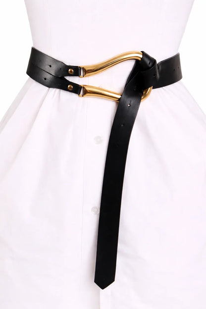 Imperial Black Waist Belt with Curved Metallic Detail