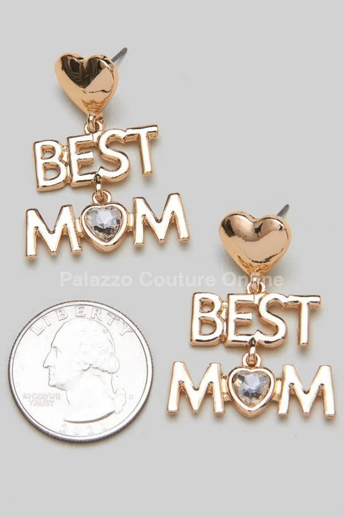 Best Mom Earrings with Heart Detail and Crystal Accent