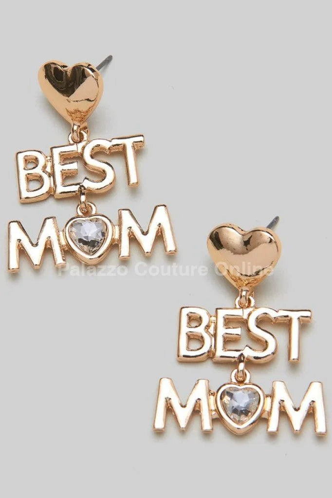Best Mom Earrings with Heart Detail and Crystal Accent