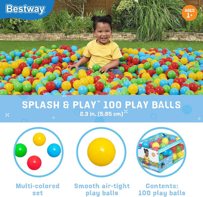 Bestway Splash & Play 100 Ball Pit Balls, Multi-Color, 2.3" Balls, Ages 1+ | Heavy-Duty Plastic Play Balls, Use With or Without Water, Puncture-Resistant Material, Motor Skill Development, Airtight Seam