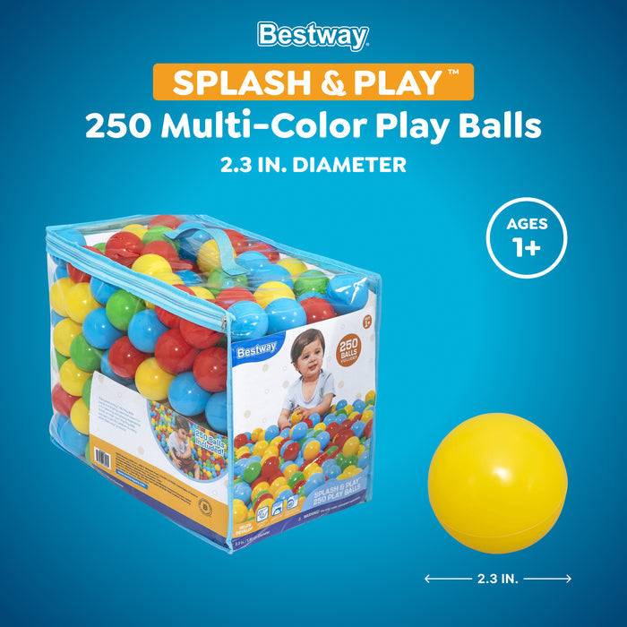 Bestway Splash & Play 250 Ball Pit Balls, Multi-Color, 2.3" Balls, Ages 1+ | Heavy-Duty Plastic Play Balls, Use With or Without Water, Puncture-Resistant Material, Motor Skill Development, Airtight Seam
