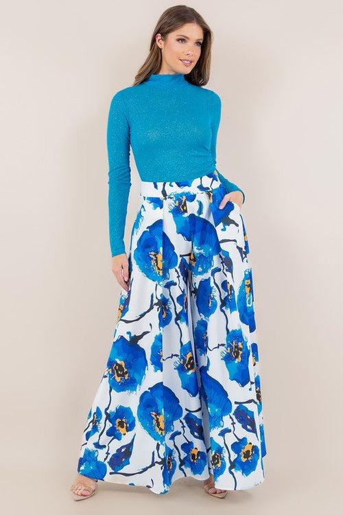 Big Blue Flower Print Wide Leg Palazzo Pants