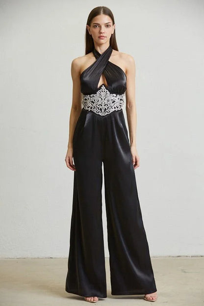 Black Embellished Halter Jumpsuit – Midnight
