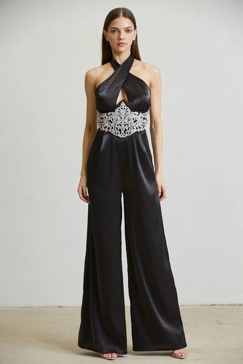 Black Embellished Halter Jumpsuit – Midnight