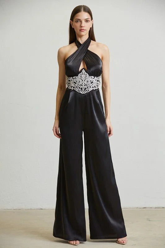 Black Embellished Halter Jumpsuit – Midnight