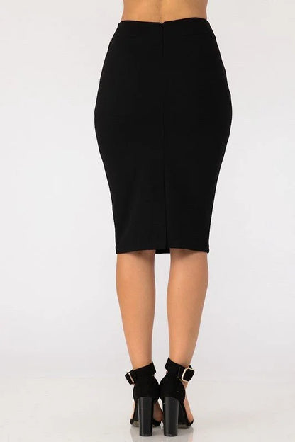 Fashion Buckle Black Pencil Skirt – High Waist Knee Length