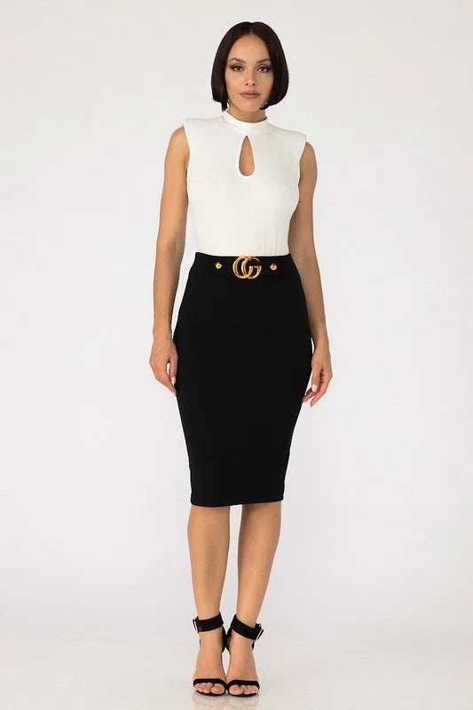 Fashion Buckle Black Pencil Skirt – High Waist Knee Length