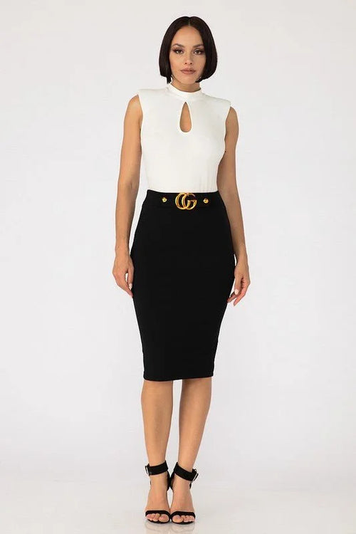 Fashion Buckle Black Pencil Skirt – High Waist Knee Length
