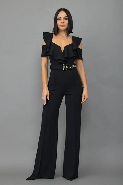 Black Jumpsuit Ruffle Detailed Fashion Jumpsuit with Belt