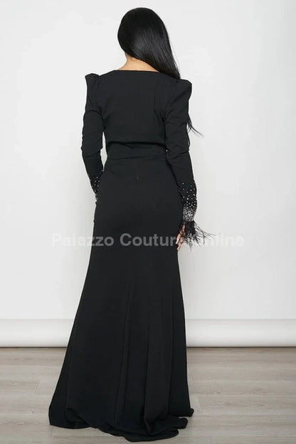 Black Maxi Dress Set with Feather Cuff Blazer – Elegant Evening Outfit