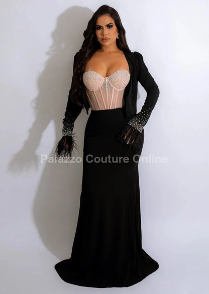 Black Maxi Dress Set with Feather Cuff Blazer – Elegant Evening Outfit