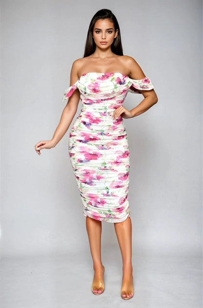 Bloom Allure Off-Shoulder Mesh 
Midi  Dress - Fuchsia Multi