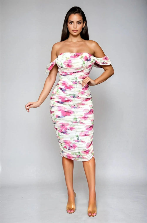 Bloom Allure Off-Shoulder Mesh 
Midi  Dress - Fuchsia Multi
