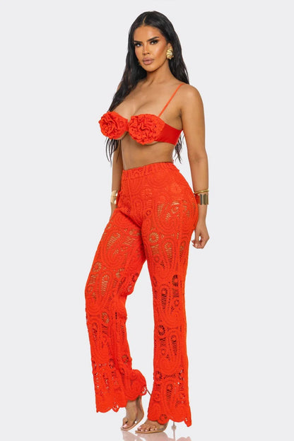 Bloom & Lace Crochet Pant Set Coral