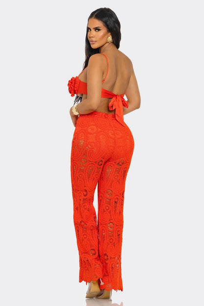 Bloom & Lace Crochet Pant Set Coral