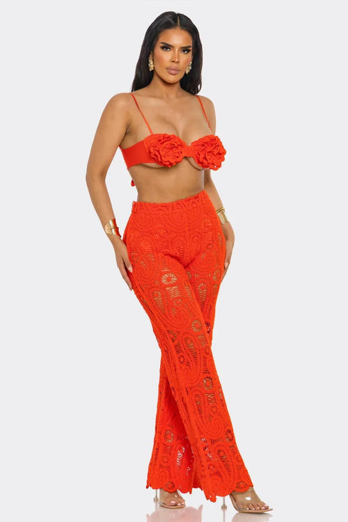 Bloom & Lace Crochet Pant Set Coral