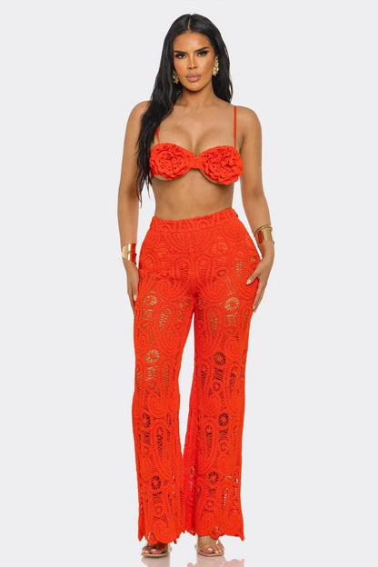 Bloom & Lace Crochet Pant Set Coral