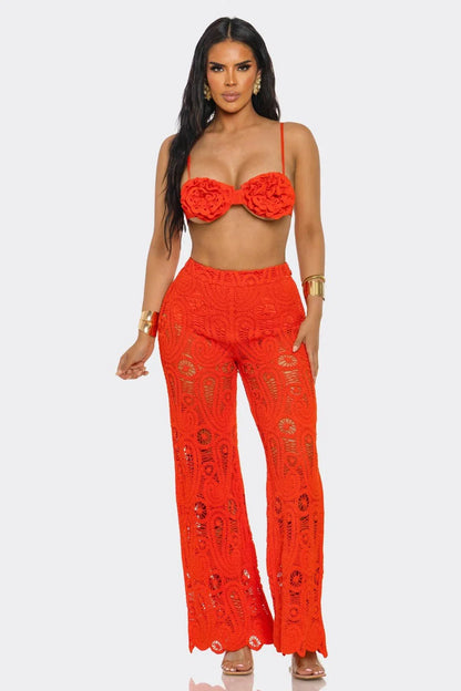 Bloom & Lace Crochet Pant Set Coral