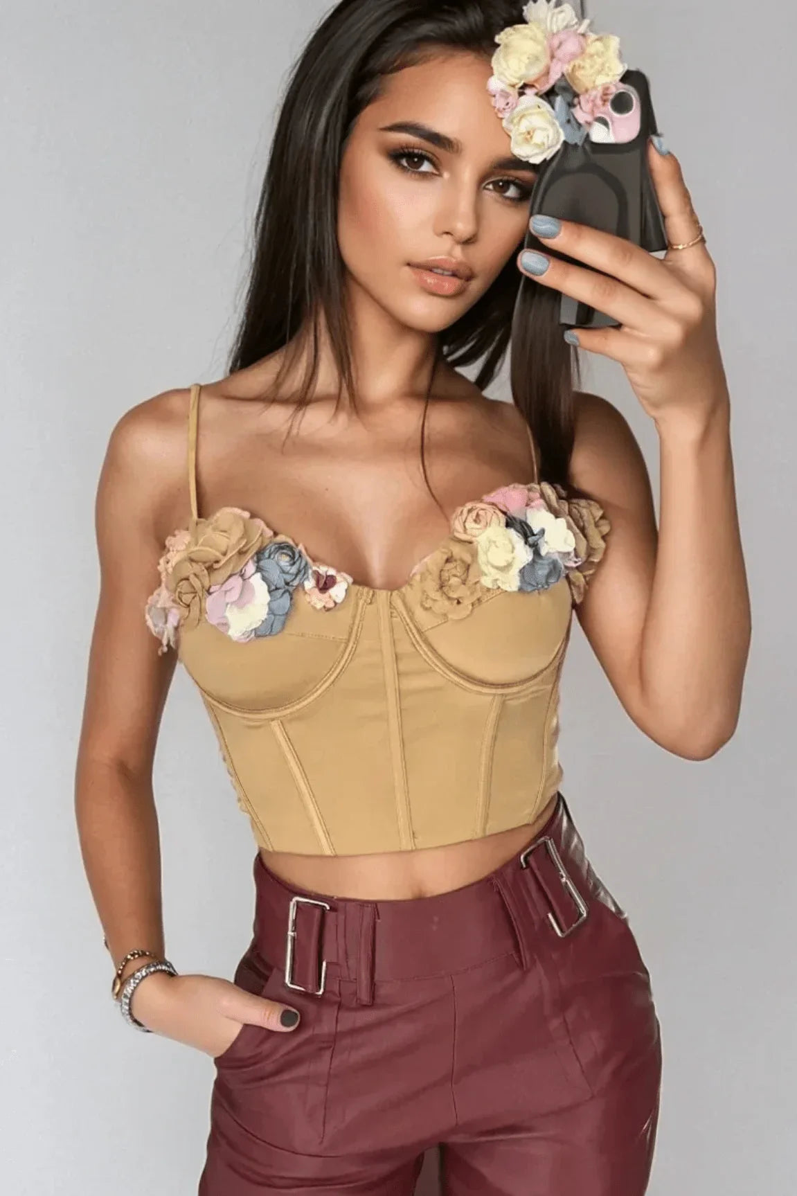 Blooming Elegance Floral Bustier Top with 3D Appliqués – Taupe