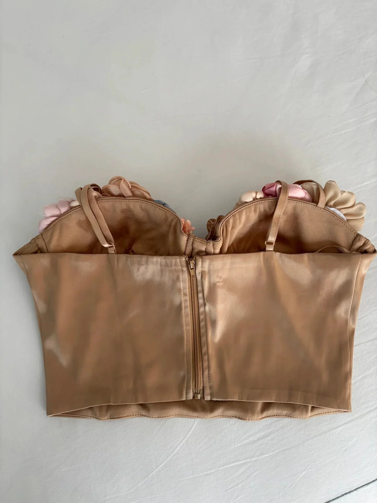Blooming Elegance Floral Bustier Top with 3D Appliqués – Taupe