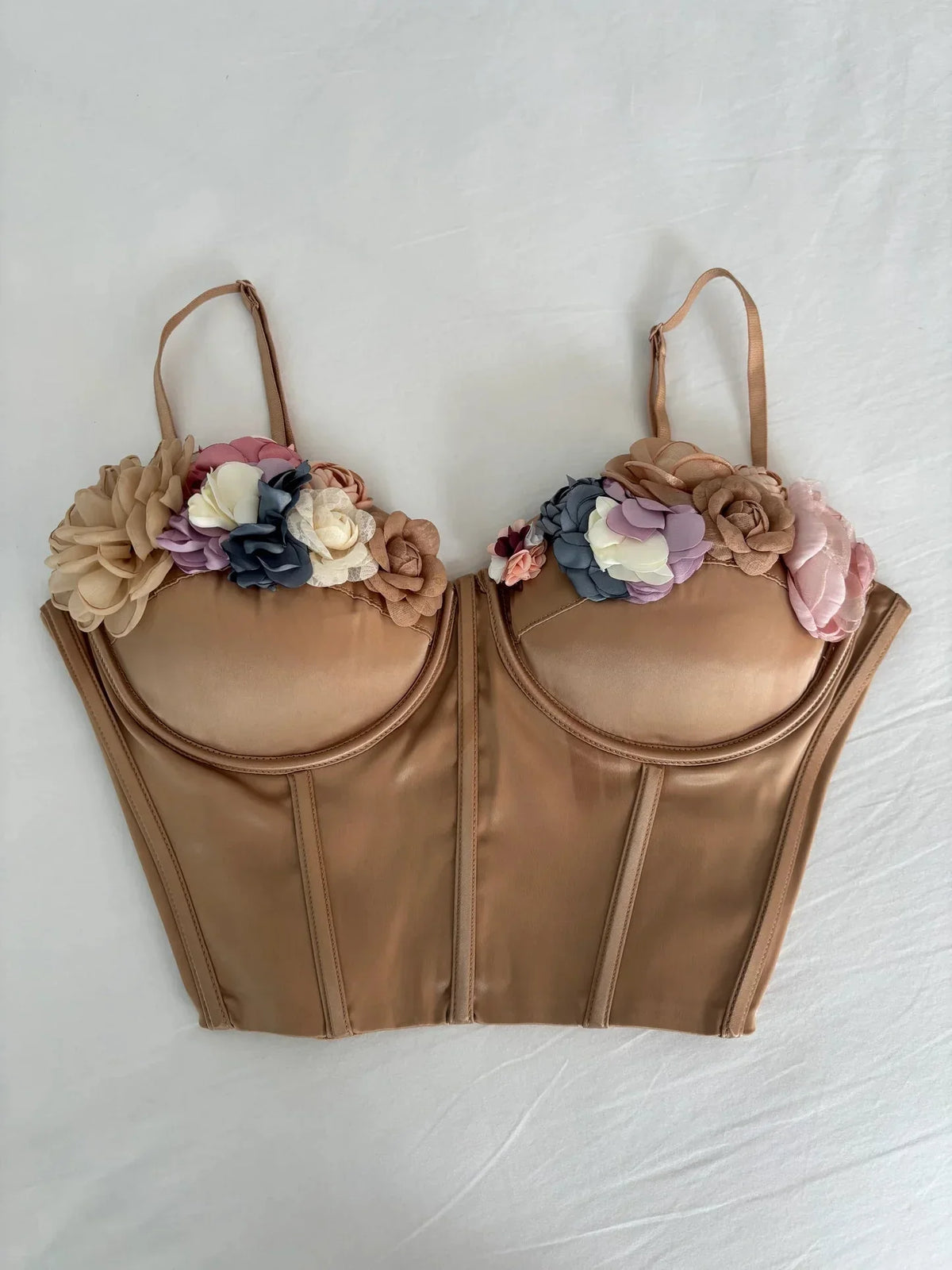 Blooming Elegance Floral Bustier Top with 3D Appliqués – Taupe
