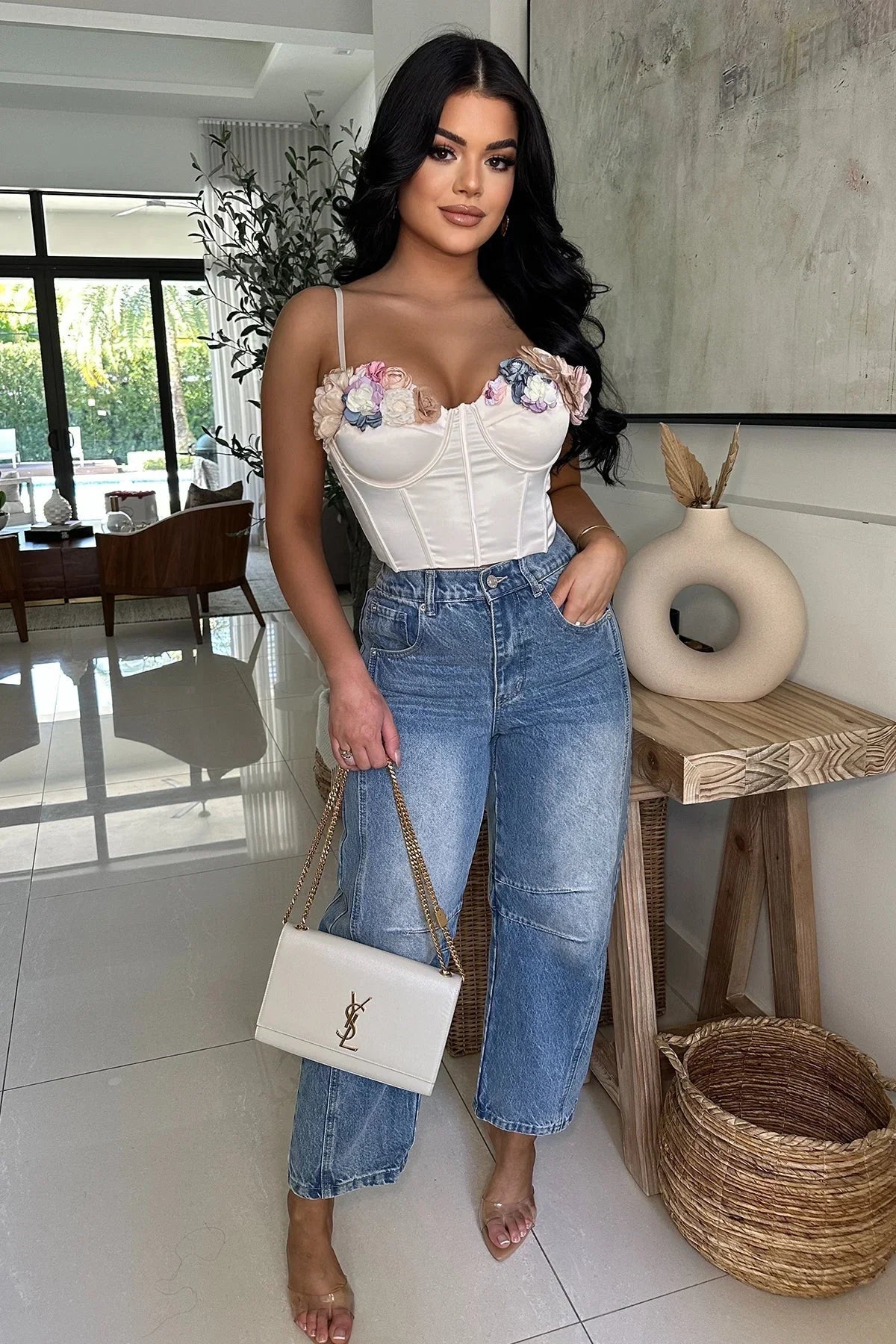 Blooming Elegance Floral Bustier Top with 3D Appliqués – Ivory