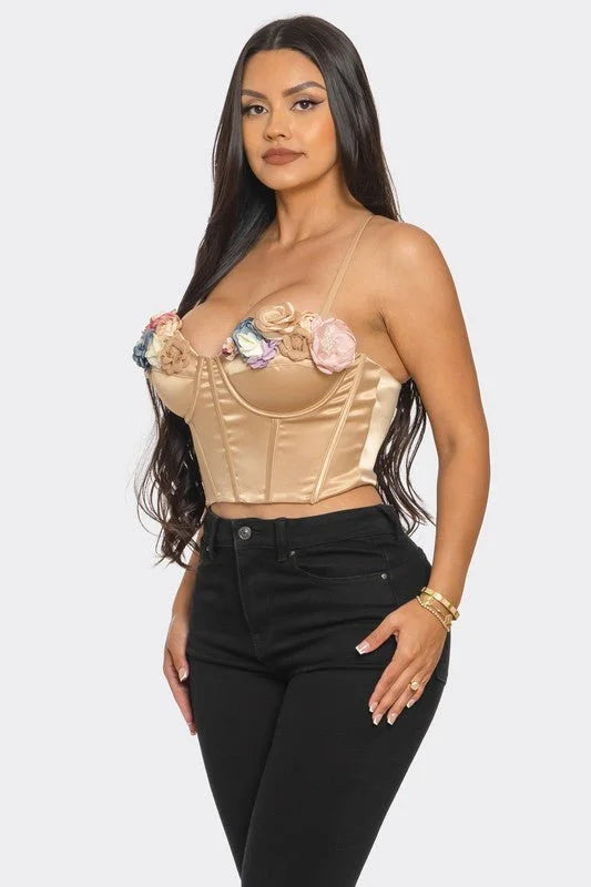 Blooming Elegance Floral Bustier Top with 3D Appliqués – Taupe